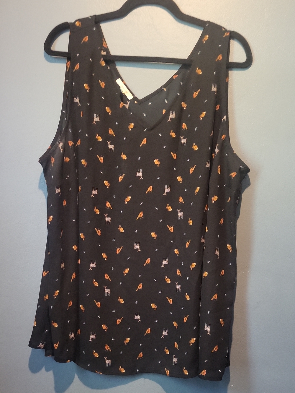 Maurices Black Sleeveless V-Neck Camisole with Orange and Cream Animal Motif